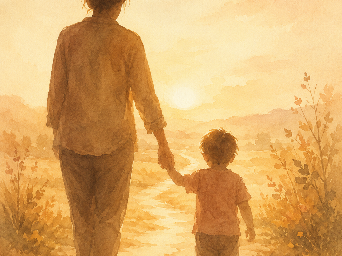 Mujer y niña caminando de la mano por un sendero, ilustración cálida - testimonio familia sin diagnóstico