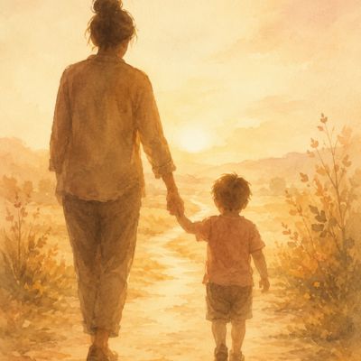 Mujer y niña caminando de la mano por un sendero, ilustración cálida - testimonio familia sin diagnóstico