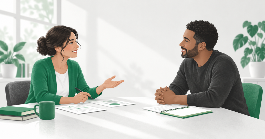 Ilustración de una conversación entre una familia y el equipo docente, en un ambiente cálido y constructivo.