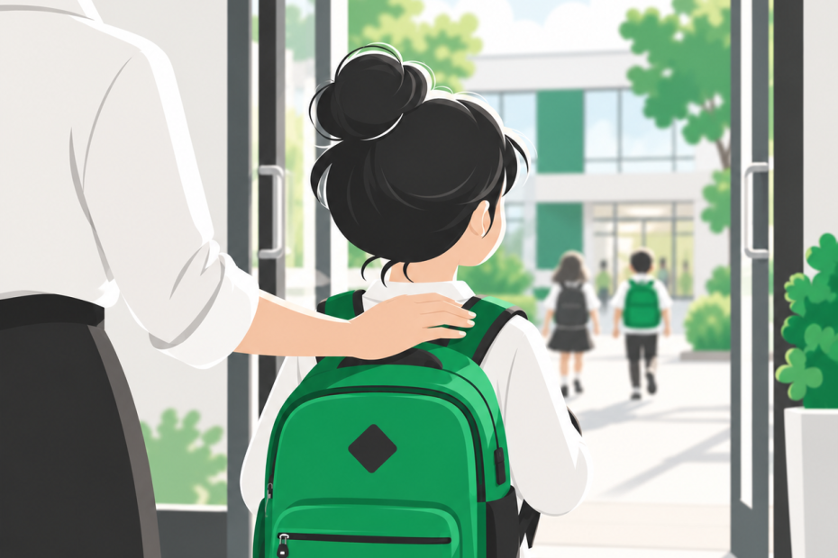 Ilustración de un niño con mochila entrando al colegio con una mano adulta de apoyo en el hombro, en tonos verde y gris oscuro.